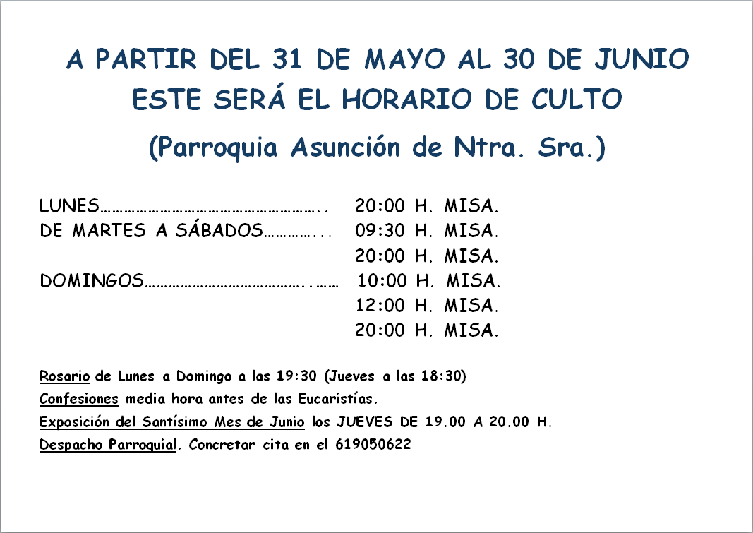 HORARIOS MISA MES DE JUNIO