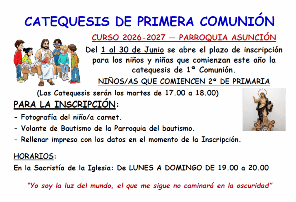 Catequesis de Primera comunión curso 2026 2027
