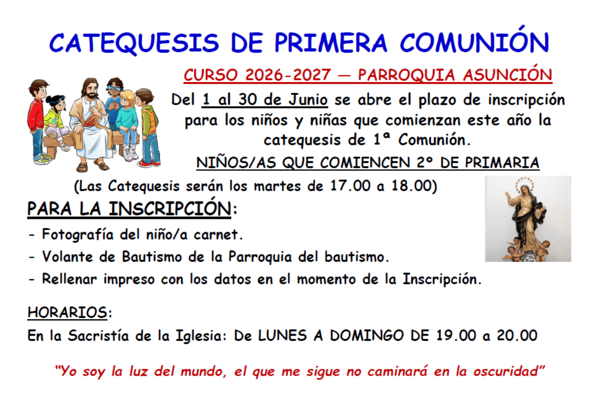 Convocatoria Catequesis Primera Comunión curso 26/27