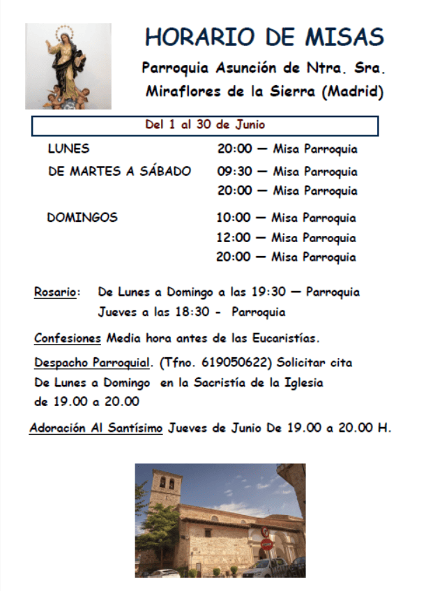 Horario misas Junio 2026